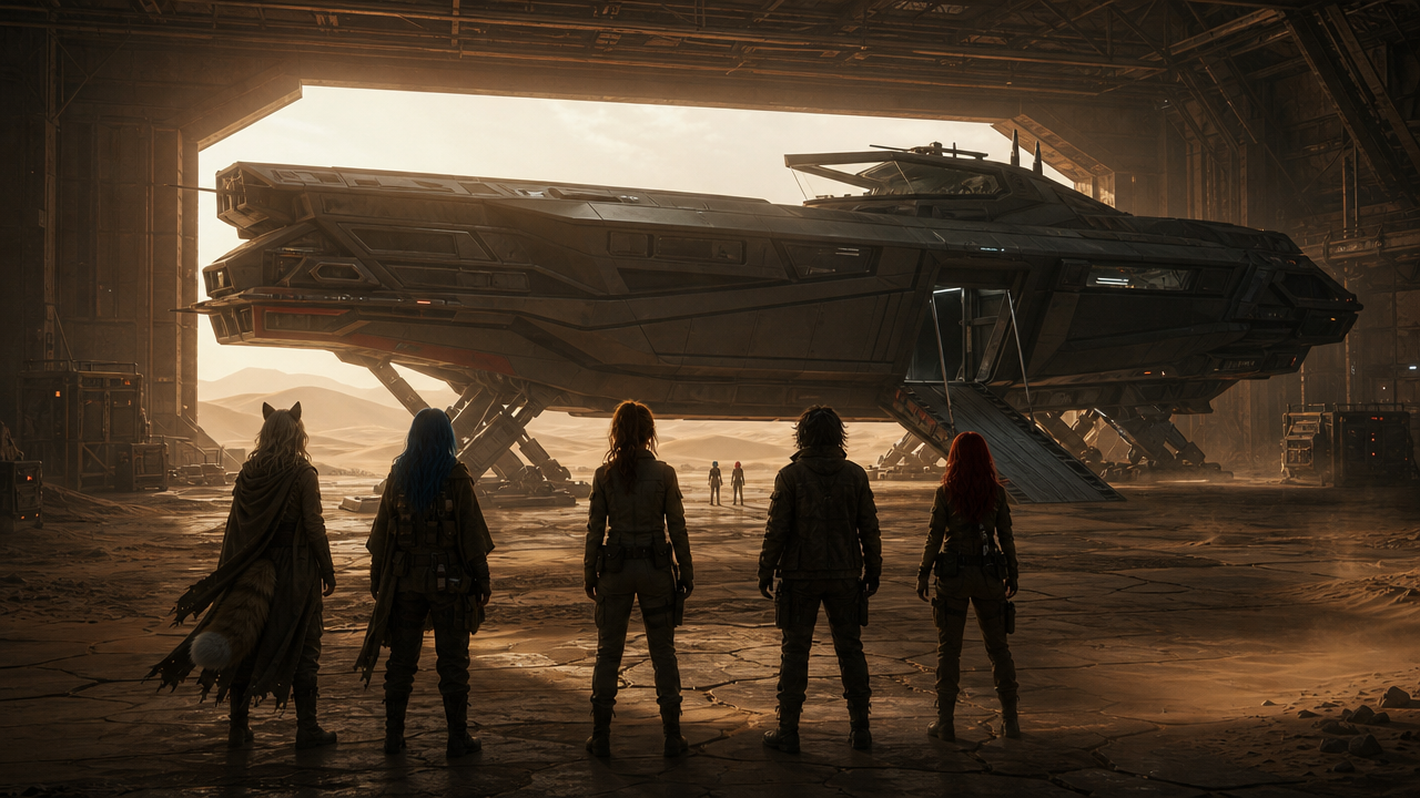 Hangar — a-group-of-individuals-stand-before-a-large