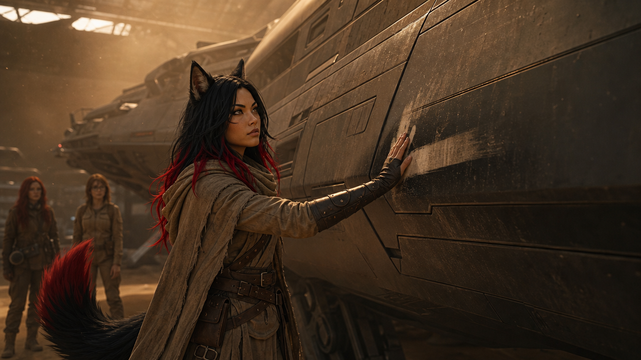 Hangar — in-a-science-fiction-art-style-a-woman-with