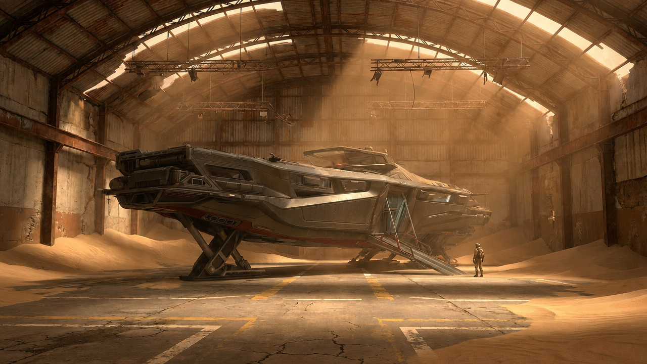 A lone figure stands before the massive ARK spacecraft in the Carpathian Vault hangar
