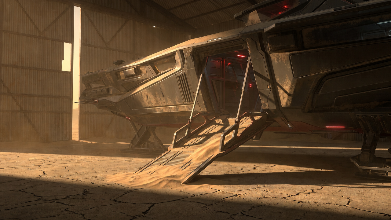 The Ship — a-weathered-metallic-spaceship-with-an-open-ramp