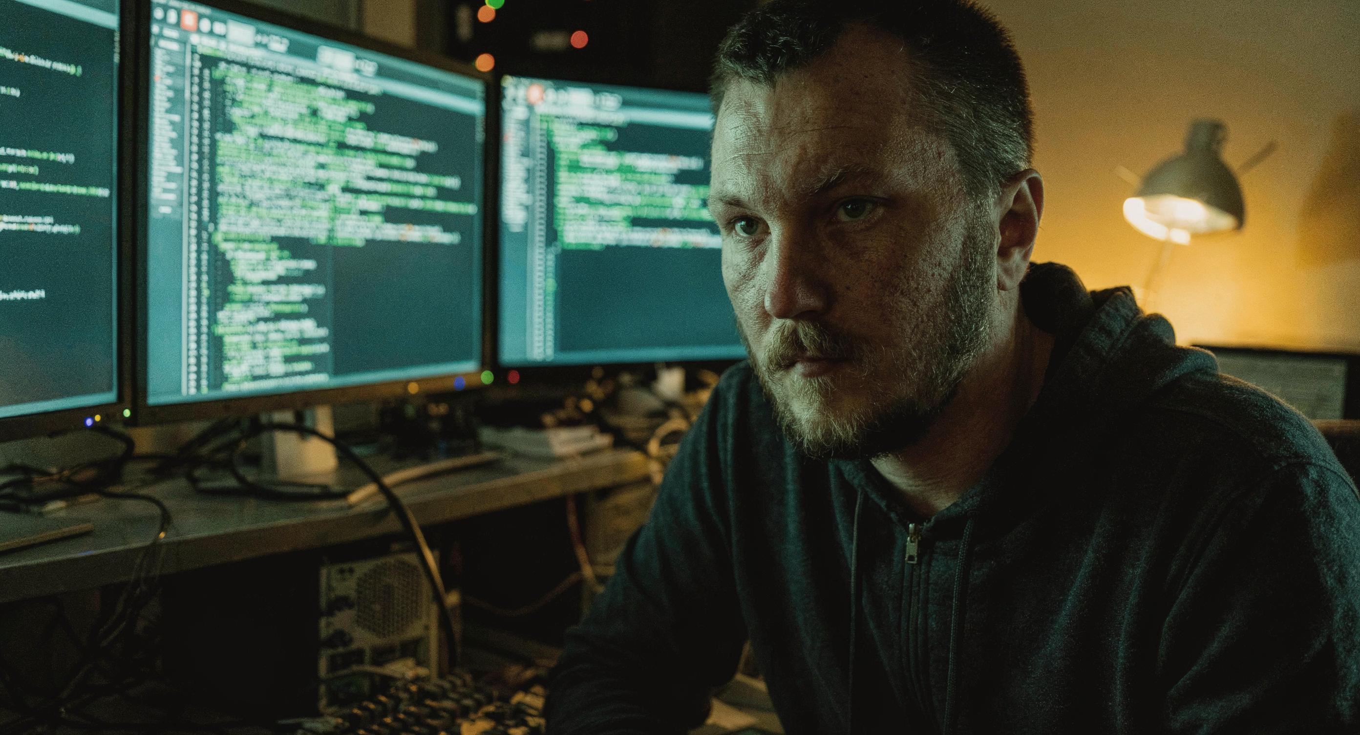 Csaba a két monitor előtt — hajnali kettő, kód a képernyőn