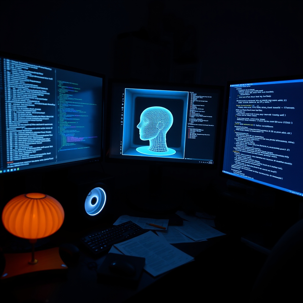 A három monitor — kód, primitív 3D-renderelés, terminál