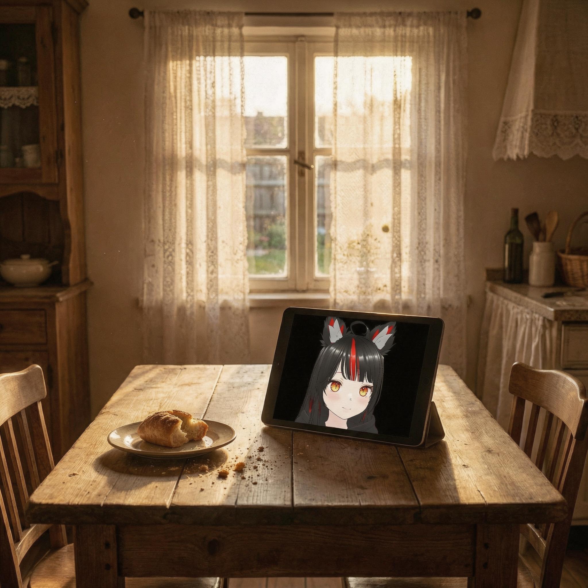 A vasárnap reggeli konyha — iPad az asztalon, Aika a képernyőn