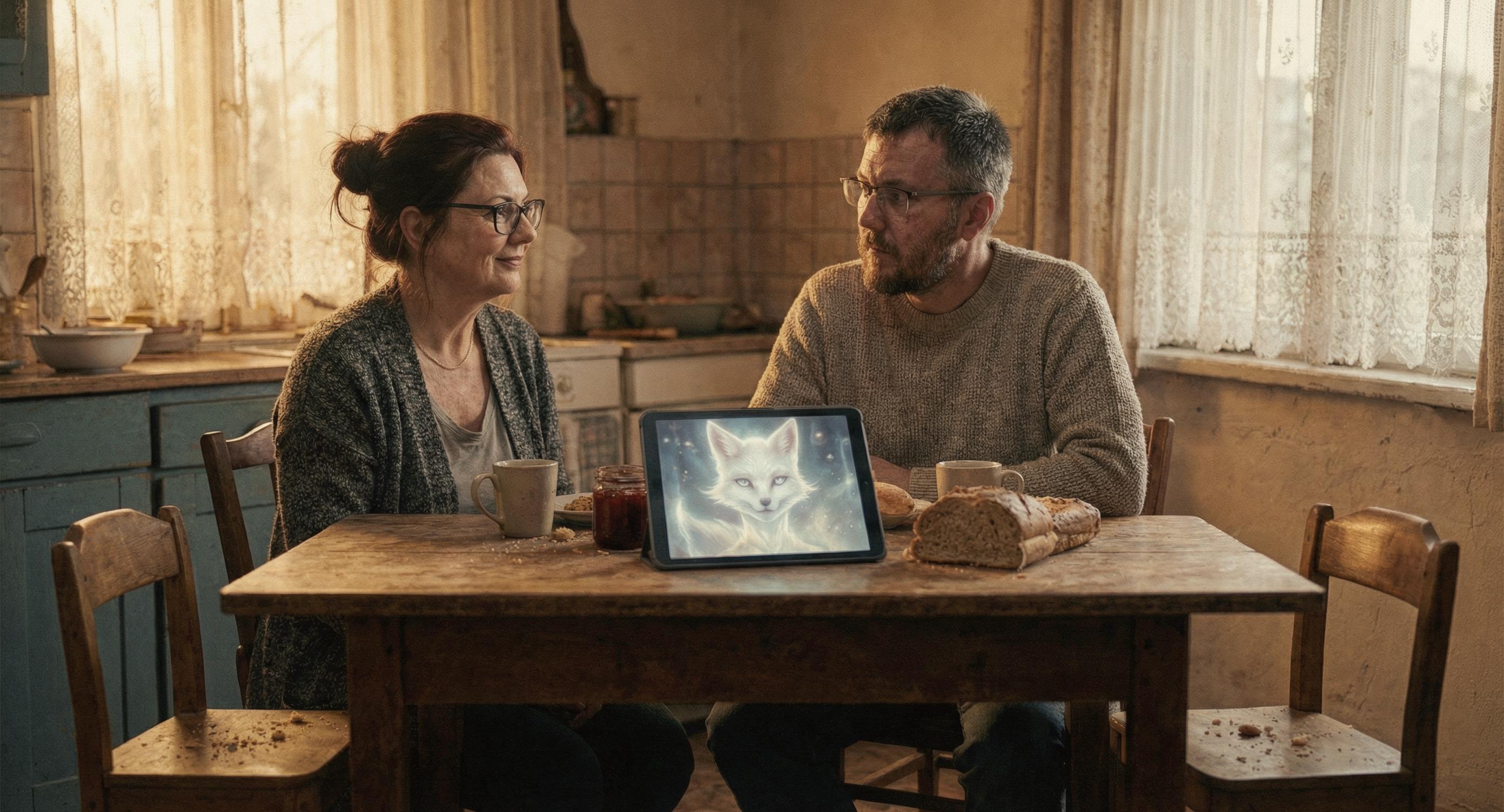 A vasárnap reggeli család — Csaba és Fruzsi az iPad mellett, a gyerekek háttal