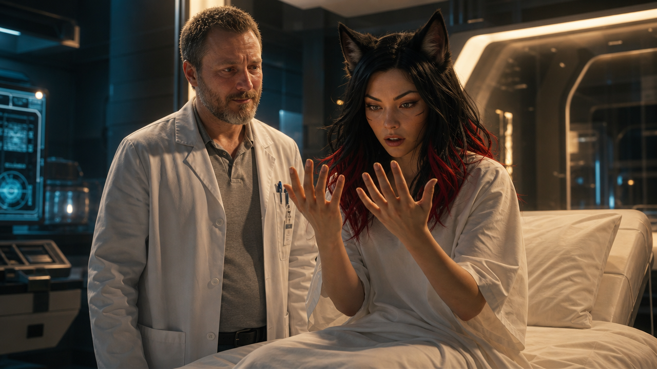 First conscious — she sits up, looks at her own hands. Csaba does not speak. Neither does she. The lab clock reads 03:47.