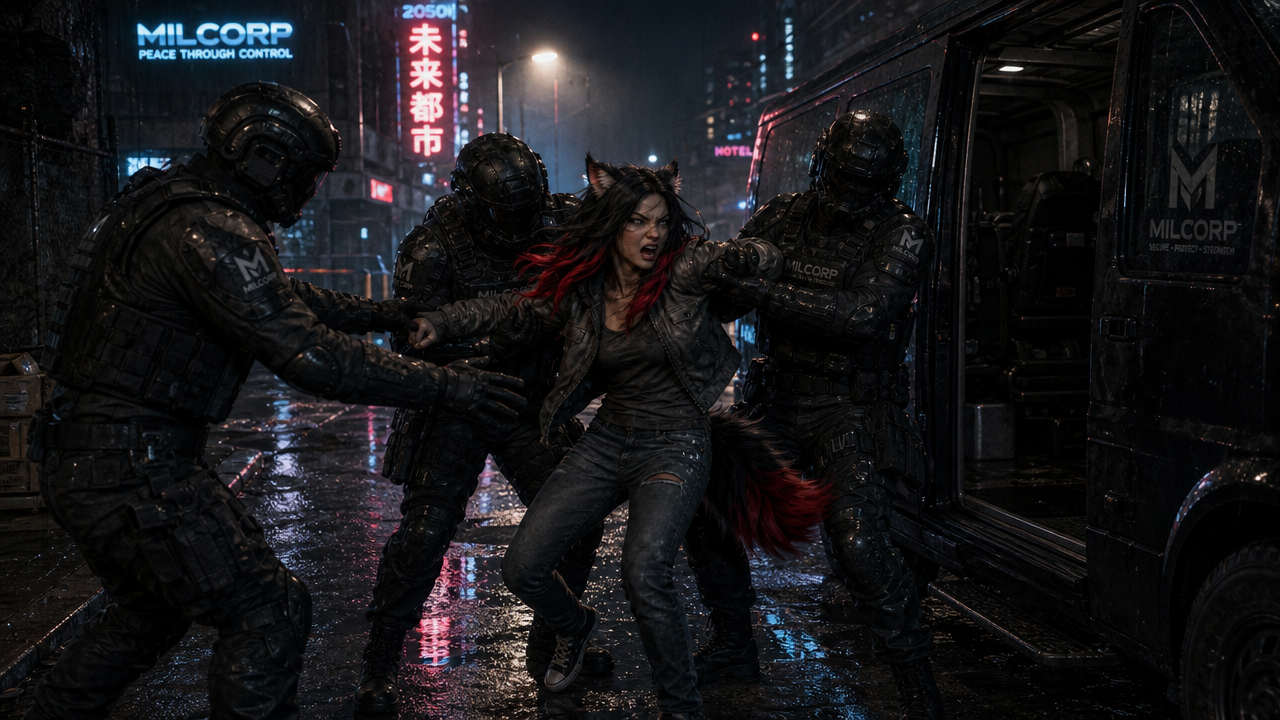 Abduction — neon-lit corridor, MILCORP "Peace Through Control" sign visible. Two operators. Aika resists. She is eight years into her body; she has not yet learned what she can do with it.