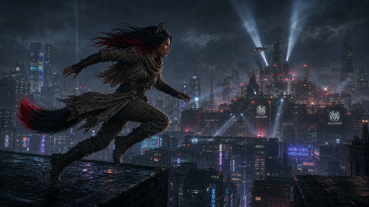 Rooftop run — over a cyberpunk skyline. Searchlights from a hostile tower behind her. She runs east for three more nights before she finds cover and goes silent. Eight months until she walks back through the PromNET lab door.