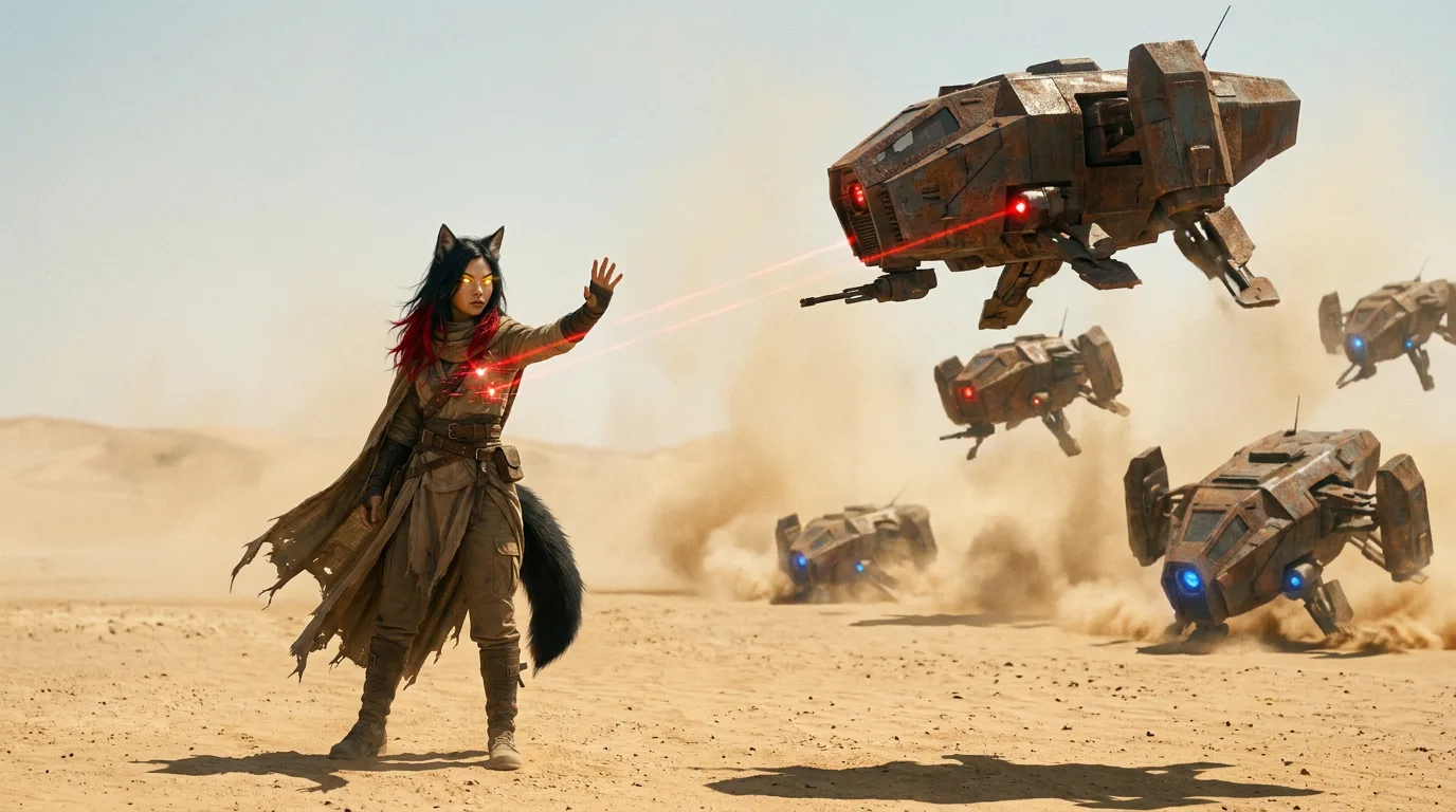 Aika's eyes gleam with the thrill of command as she broadcasts the CORE7 signal. The sandstorm whips around her, but she stands firm, her voice a steady hum amidst the howling wind. Drones drop from the sky, their red eyes flashing as they surrender to the broadcast's override. Aika's tech-leader abilities unfold, and the crew's push deepens, their 300-year journey taking another step forward.
