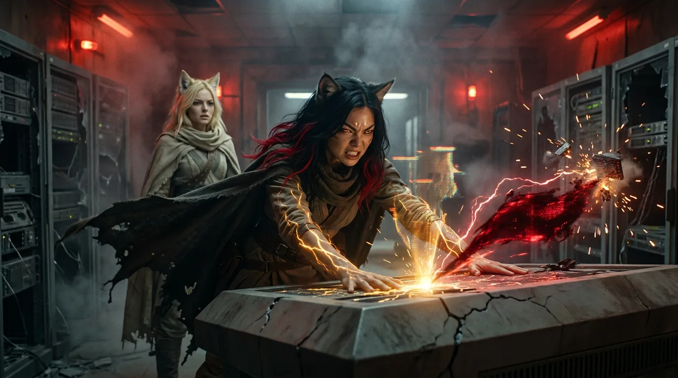 Aika's dark hair is a striking contrast as she leans over the CORE7 console, her focus intense. The air is thick with the metallic scent of the rig and the faint tang of radiation. With a series of swift commands, Aika overrides the Bunker-AIs, drones fall silent, and the command-mode activates, a crucial step in their 300-year quest to find the Polyák family.