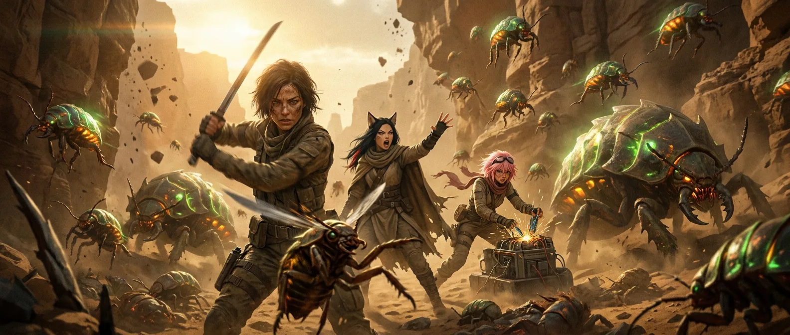 The desert sand swirls around them, a metal smell hanging heavy in the air. Aika's broadcast rig hums, a steady heartbeat in the chaos. Rika's eyes blaze with fury as she swings her sword, while Aika's fingers dance across the rig's controls, her voice rising in a battle cry. The crew stands united, a fragile shield against the crawling horde of giant, glowing beetles.