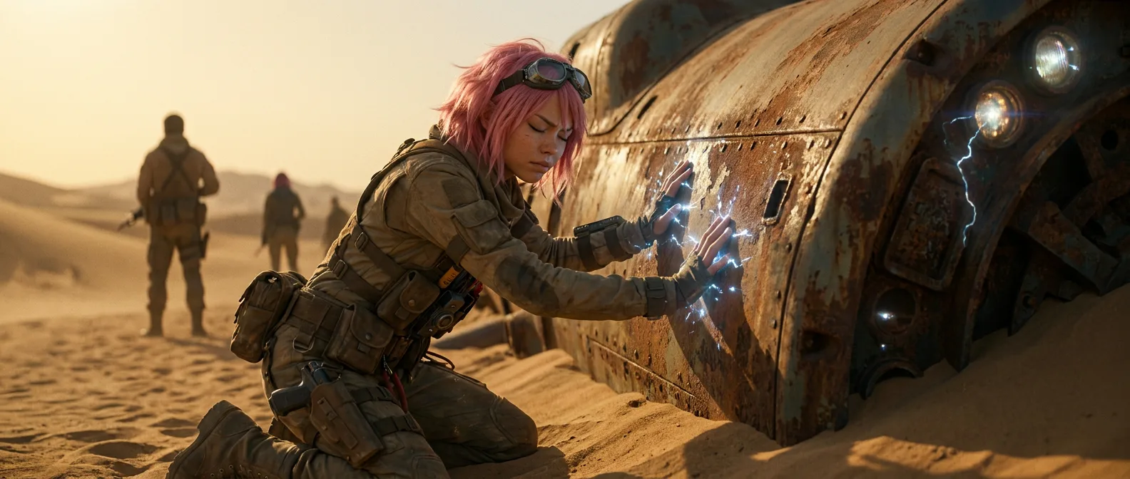Aika's fingers dance across the CORE7 broadcast rig's interface, the desert's metallic scent mingling with the hum of the device. Akari's hand hovers, poised to grab the rusty car's door, while Hina's gaze pierces the horizon. The desert's stillness is a fragile thing, as if the CORE7 broadcast might shatter it at any moment.