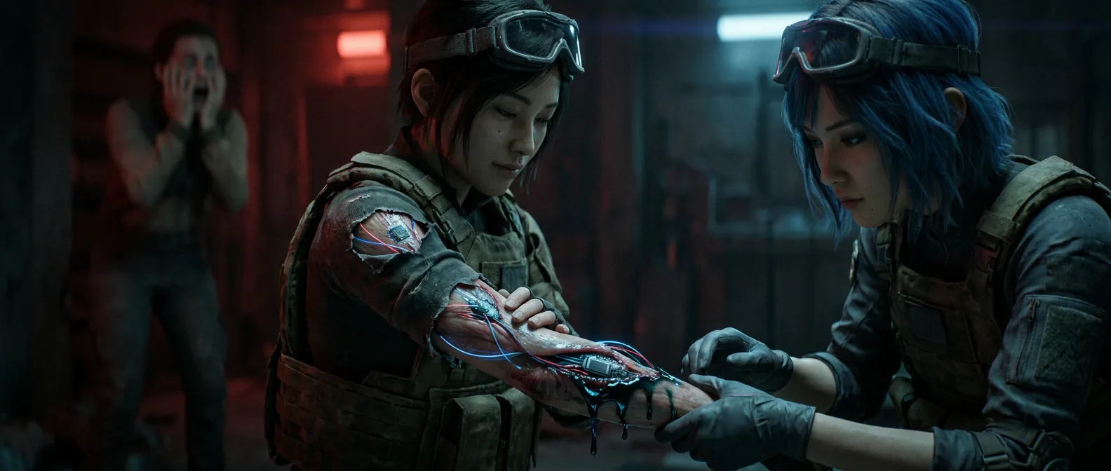 Aika and Akari crouch behind a barricade, their breath misting in the chill air. Akari's eyes lock onto the swarm, her fingers poised on the trigger of her rifle. Aika's gaze flicks between the enemy's positions, her mind racing with calculations. The metallic tang of their gear and the hum of the CORE7 broadcast rig fill the air as they prepare to take down the swarm.