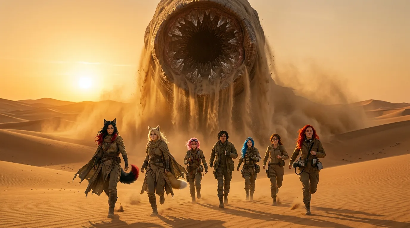 The sun's descent casts a golden glow over the barren expanse, as the Vespera crew trudges through the sand, their footsteps the only sound breaking the stillness. Aika's rig hums softly, a constant reminder of their mission. Hina and Komi walk side by side, their breathing the only indication of life amidst the desolate landscape.