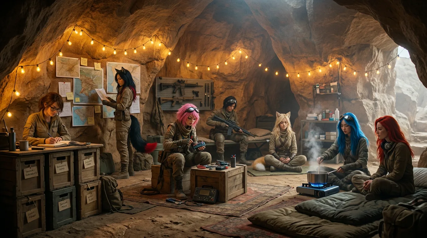 Aika tunes the CORE7 rig, its hum a constant in the desert air. Komi, a pink-haired hybrid, works on a console, while the others sit, their faces set in determination. The cave's rough walls and the scent of metal and sand create a sense of ruggedness. The team's diverse personalities are on full display, each one a vital part of their mission to find the Polyák family.
