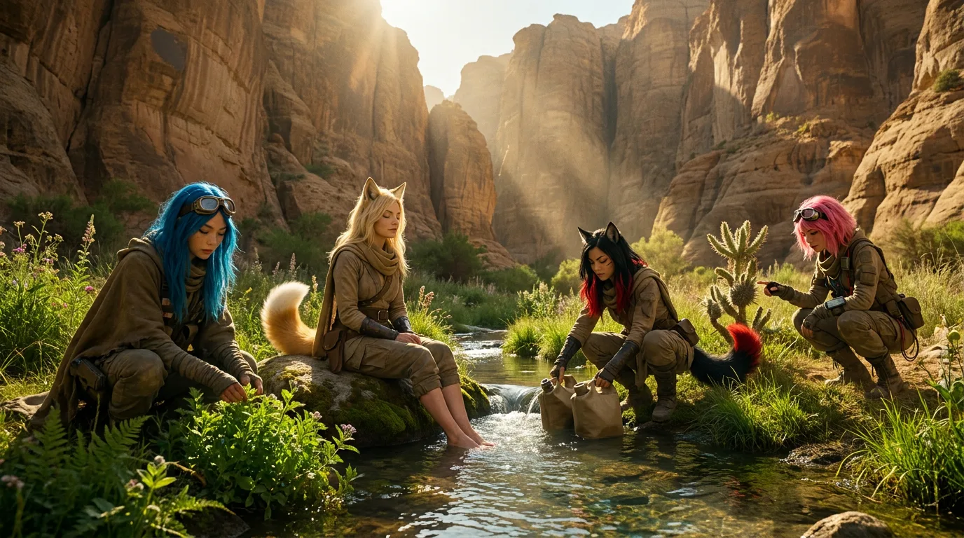 Aika's broadcast rig hums softly as she crouches beside the small creek, her eyes fixed on the tranquil scene unfolding before her. Hina, with her fox ears and tail, sits on a moss-covered rock, while Komi kneels nearby, her black and red hair a striking contrast to the arid landscape. The air is heavy with the scent of sand and metal, and the only sound is the gentle burble of the creek, a rare oasis in this desolate world.