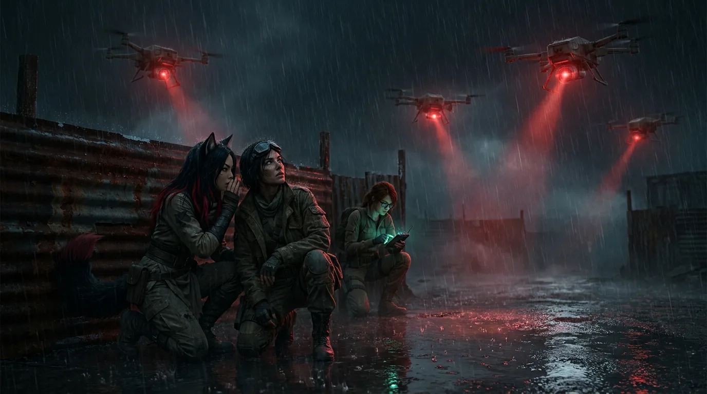 Aika's breath hitches as she watches the drones hover above the bunker, their red lights piercing through the dark. Akari's voice is low and steady, "It's our best chance. We need to move." Hina's eyes are fixed on the drones, her face a mask of determination. The rain-soaked ground reflects the red glow, and the air is heavy with tension.