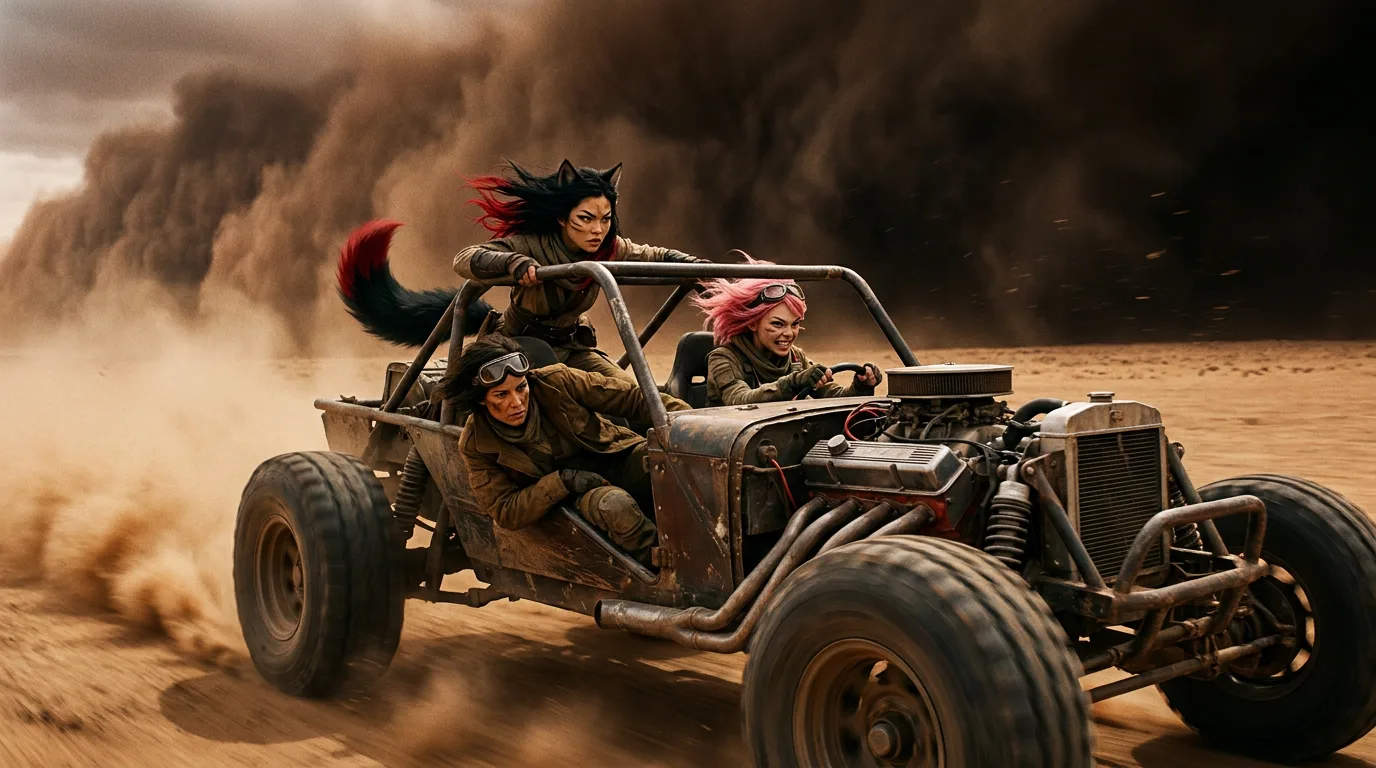 Aika's broadcast rig hums to life as Akari's eyes flash with anger, her tail lashing behind her. Hina's breath catches, her pink hair whipping in the sandstorm. The dune buggy's metal scent fills the air as Akari's voice rises, "We need to find a bunker, now!" Aika's fingers dance over the rig, her eyes locked on Akari, while Hina's gaze drifts to the horizon, her mind racing with the weight of their journey.