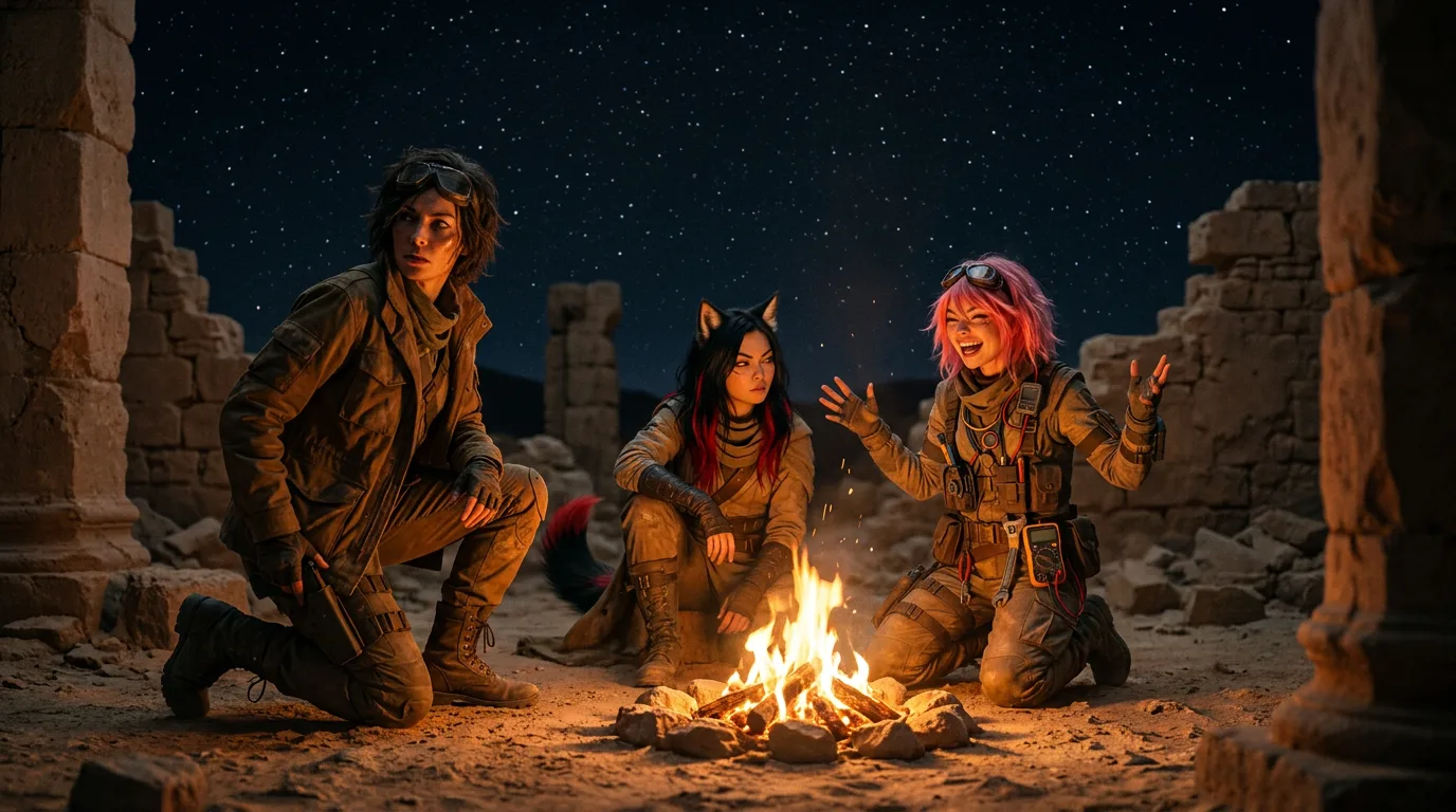 Aika, Akari, and Hina huddle around the campfire, their faces illuminated by the flickering flames. The desert night air is heavy with the smell of metal and smoke, and the sound of their ragged breathing fills the silence. The crew's argument has settled, and for a moment, they find solace in the warmth of the fire, their differences momentarily set aside.