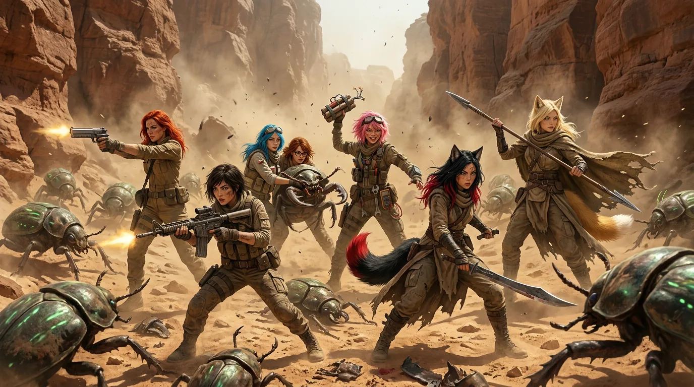 The Vespera crew stands united amidst the harsh desert landscape, their faces set against the relentless sandstorm. Akari's fierce determination is palpable as she brandishes her spear, while Aika's broadcast rig hums in the background, a beacon of hope in the desolate expanse. The crew's bond is tested, yet their resolve remains unbroken.