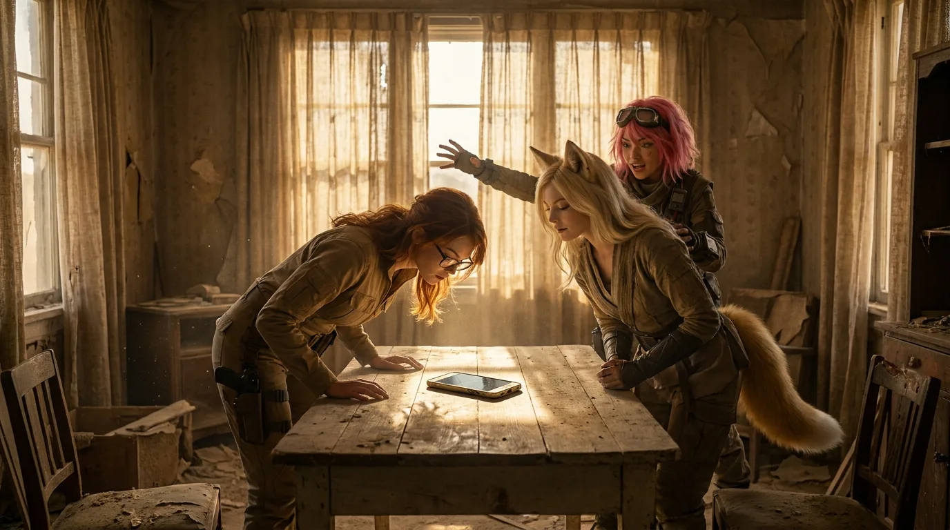 Aika, Rika, and Yui huddle around a dusty wooden table, their faces illuminated by the faint light of a CORE7 broadcast rig. The air is thick with the smell of metal and the weight of their years-long search for the Polyák family. The tension between them is palpable, a testament to the fragile bonds that hold them together in this desolate world.