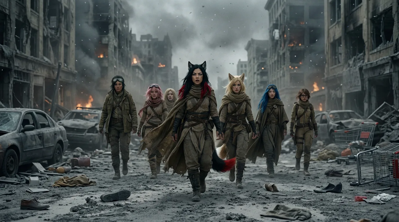 The group of women, their animalistic features a testament to the harsh world they inhabit, trudge through the barren wasteland, their CORE7 broadcast rig at the ready. Aika's eyes scan the horizon, while Akari's gaze lingers on the ruins, a mix of sadness and determination etched on her face. Hina's footsteps are steady, her eyes fixed on some unseen point ahead, as the group moves forward, united in their quest.
