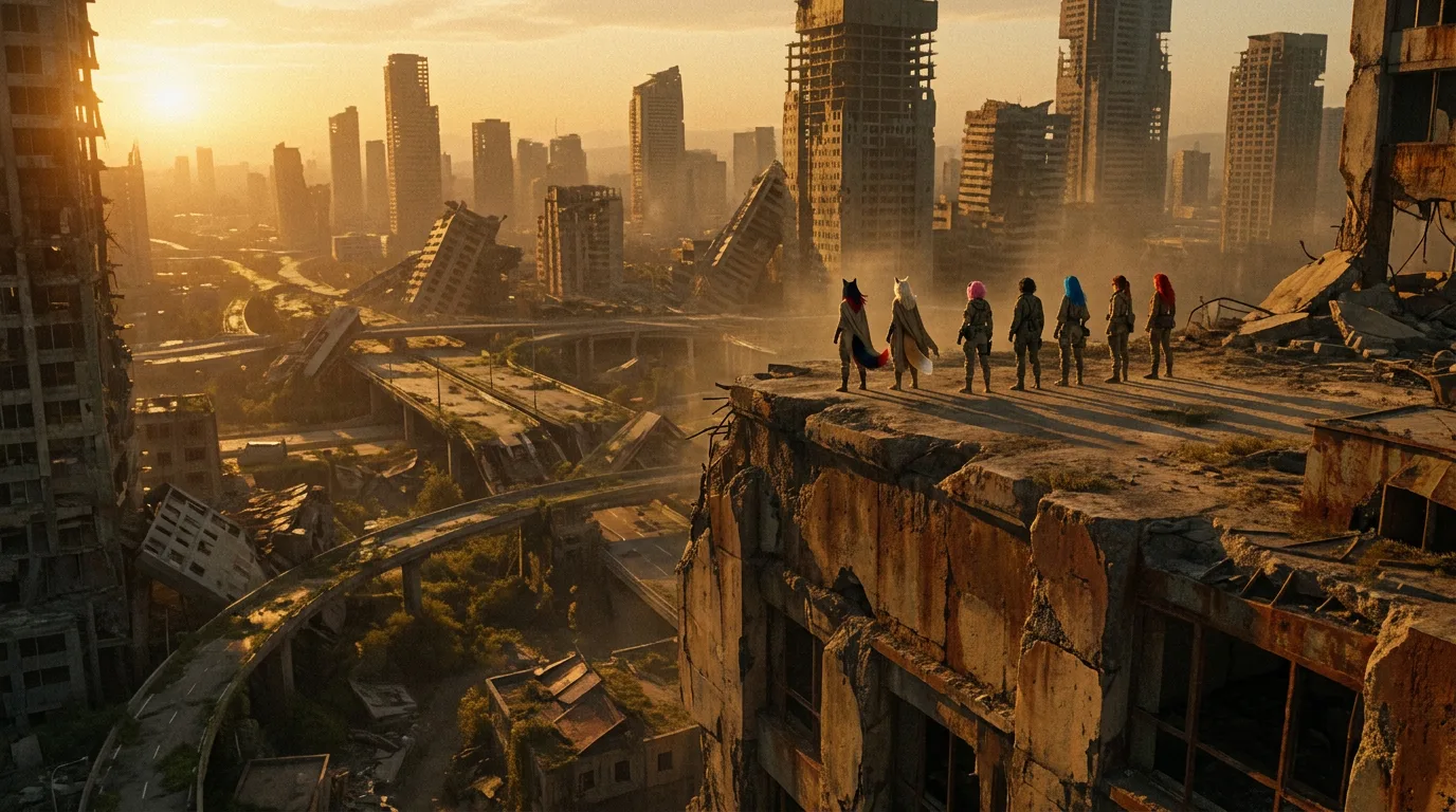 The Vespera crew, weathered and weary, stands atop a crumbling cityscape, bathed in the warm light of the setting sun. Aika's CORE7 rig hums softly in the distance, as Akari and Hina scan the horizon, their eyes squinting against the dust. The air is heavy with the scent of rust and decay, but amidst the desolation, a glimmer of hope flickers, a reminder of the unbreakable bonds that hold them together.