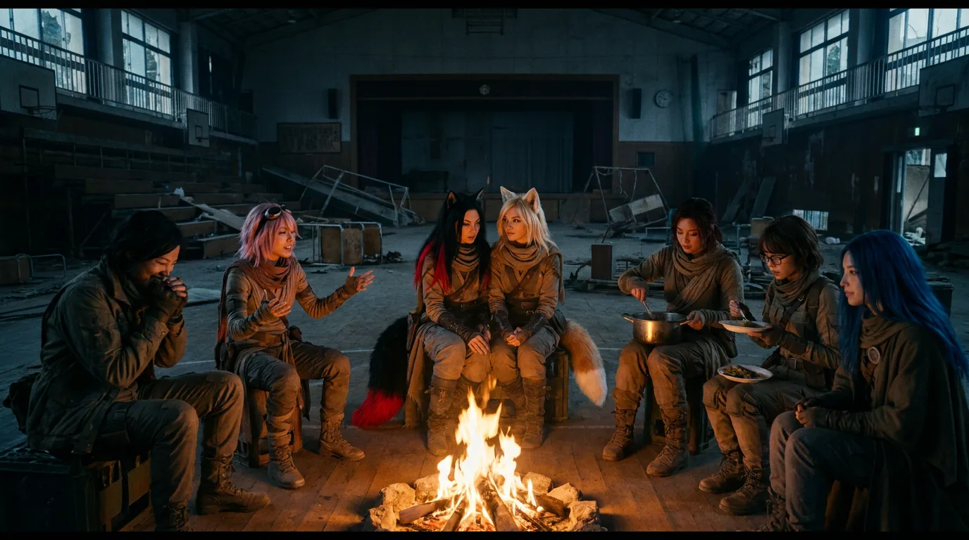 Aika fiddles with the CORE7 rig, her eyes fixed on the sandstorm outside. Hina and Komi sit close, their faces a map of weathered determination. The others huddle around the fire, their voices a low hum. Aika's eyes flicker to the horizon, where the storm's edge meets the dusty sky. "We'll find them," she says, her voice barely audible over the wind.