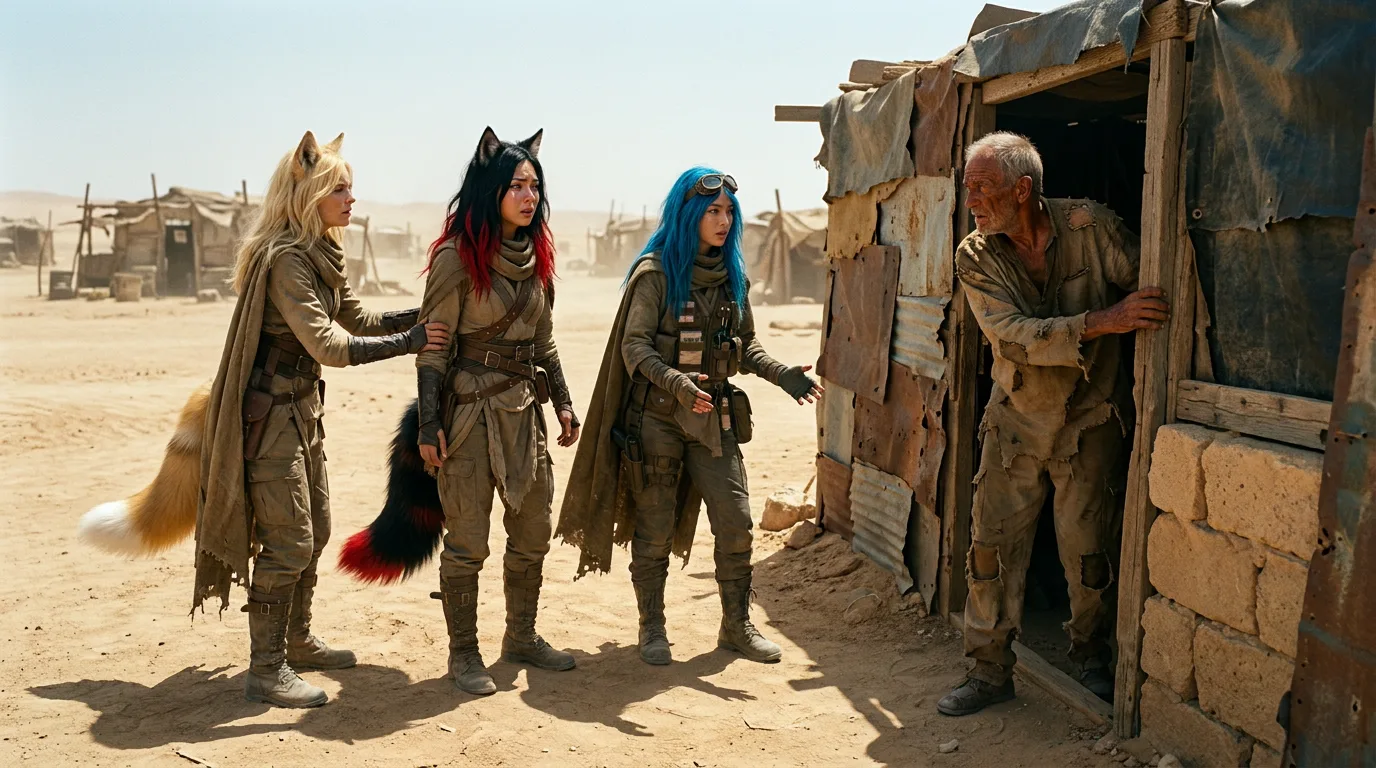 The Vespera crew stands in front of a ramshackle structure, the worn sand beneath their feet. Aika, Akari, and Hina are gathered, their expressions a mix of concern and determination. The makeshift hut, crafted from scavenged materials, bears the scars of countless storms. The crew's conversation is hushed, their words carrying on the wind as they deliberate on their next move, the vast desert expanse stretching out before them like an unforgiving canvas.