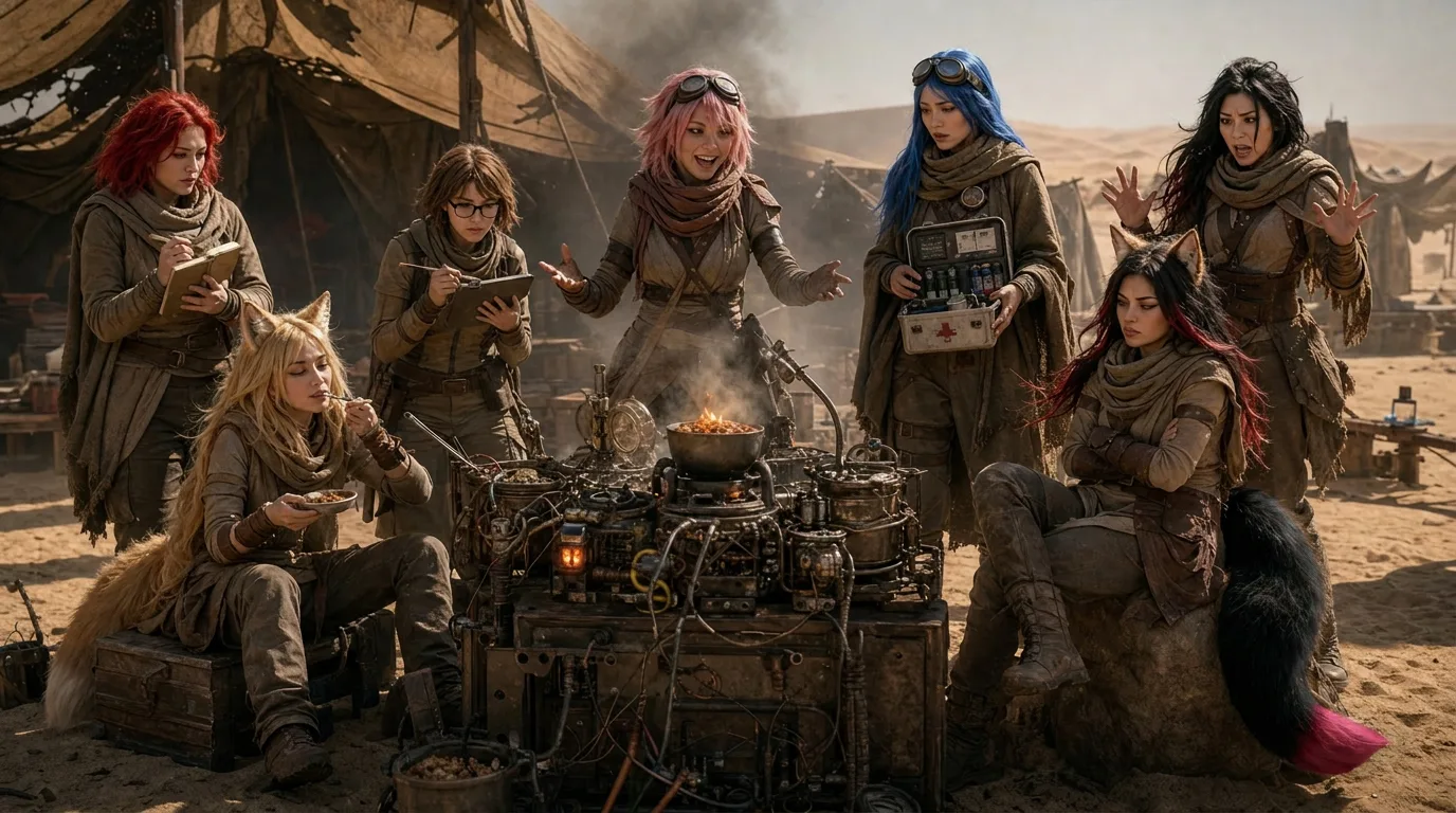 Aika's fingers dance across the broadcast rig, as the crew huddles around the fire. Akari's eyes, still bright with youthful wonder, meet Hina's gaze, and for a moment, the tension between them melts away. Komii's laughter, a rare sound, carries on the wind, and the desert, for a fleeting instant, seems a little less harsh. The Vespera crew, a patchwork of personalities, finds solace in each other's company.