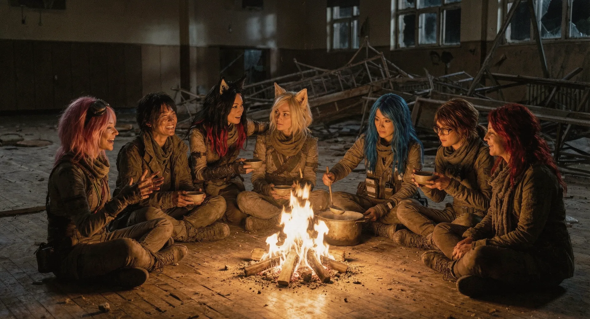 The air is heavy with tension as the crew gathers around the fire, their faces illuminated by the flickering flames. Aika's eyes narrow, her hand on the broadcast rig, as Komi's voice rises in argument. The others listen intently, their hair a kaleidoscope of colors in the dim light: aika's pink, komi's black, and the others' vibrant hues. The metal-smell of the CORE7 rig hangs in the air, a reminder of their mission to find the Polyák family.