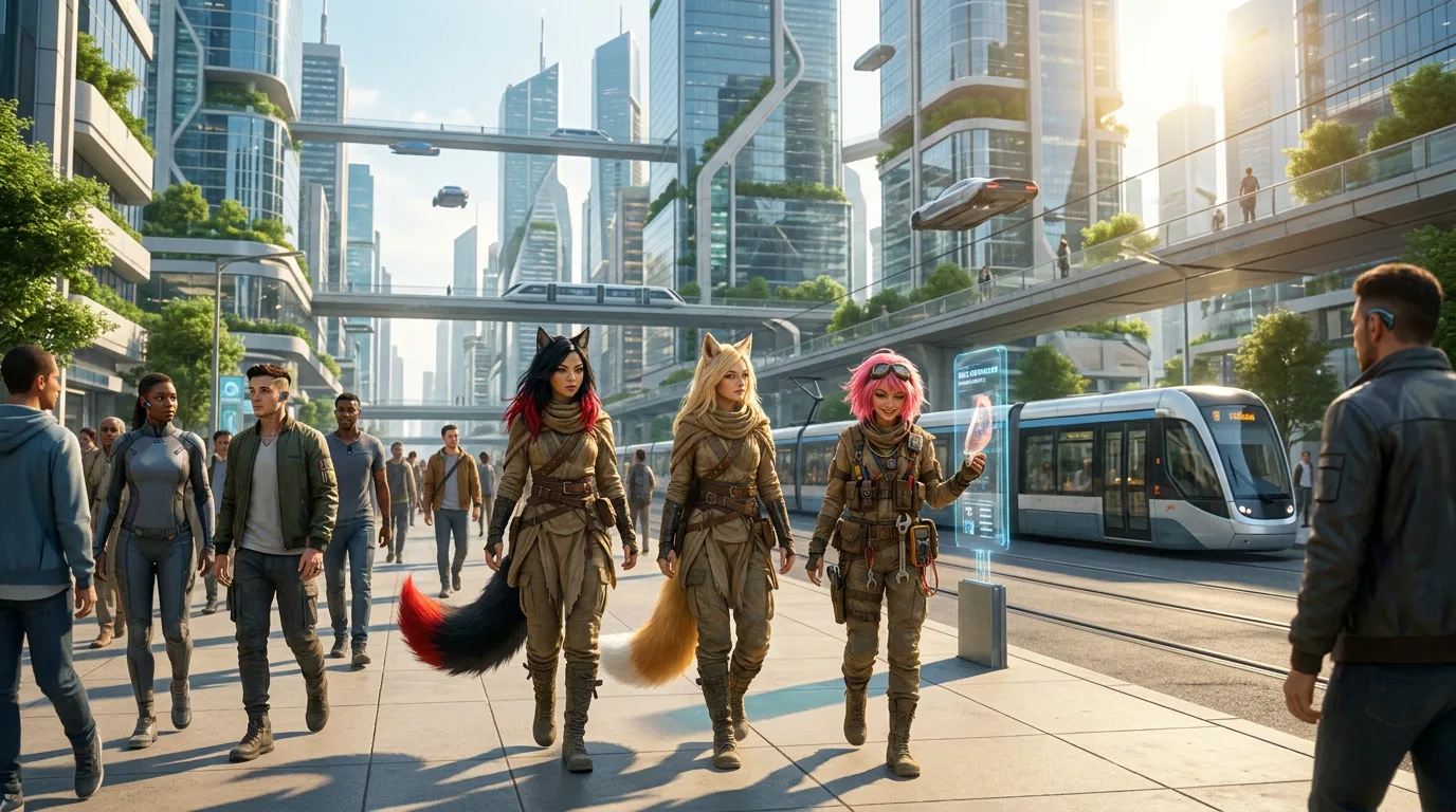 The Vespera crew navigates the bustling streets of a futuristic city, their diverse personalities on full display. Aika's portable CORE7 broadcast rig hums in the background, as Hina and Komi lead the group, their bond and banter a testament to their tight-knit unit. The city's metallic smell and distant hum of the CORE7 network provide a stark contrast to the warmth of their camaraderie.