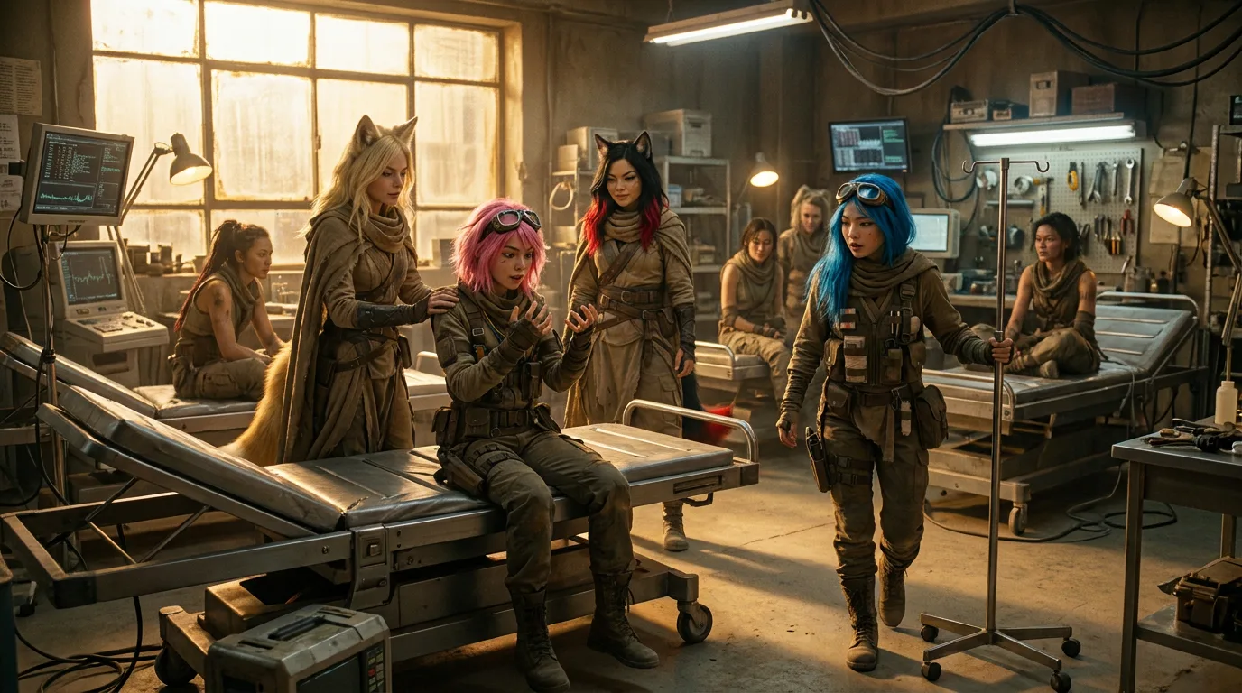 Aika and Miyu sit on a medical cot, the metal scent of the room heavy in the air. Aika's breath is shallow, her eyes fixed on Miyu, who is pacing, her long pink hair a stark contrast to the drab surroundings. The tension between them is palpable, a heavy weight that hangs in the air like the dust that coats everything. The CORE7 crew is a family, bound together by their shared mission, but also by their flaws and weaknesses.