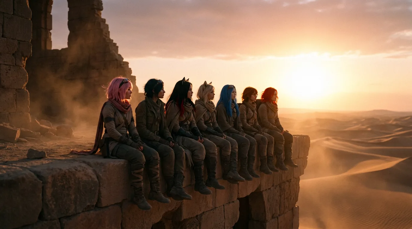 The sun dips below the horizon, casting a warm glow over the crew. Aika's breath is a steady hum, her eyes fixed on the distance. Rika's gaze lingers on the horizon, her mind elsewhere. Akari's hand rests on the rig, her fingers drumming a slow beat. The desert's silence is broken only by the gentle rustle of sand.