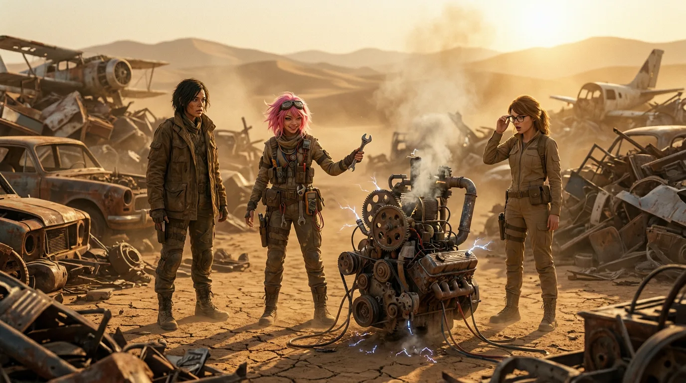 The sun beats down on the trio, their faces etched with the weight of years spent traversing the unforgiving wasteland. Aika's hand hovers over the rig, poised to broadcast their message once more. The desert air clings to them, heavy with the scent of metal and decay. As they stand amidst the ruins, their eyes meet, a silent understanding passing between them like a spark in the stillness.