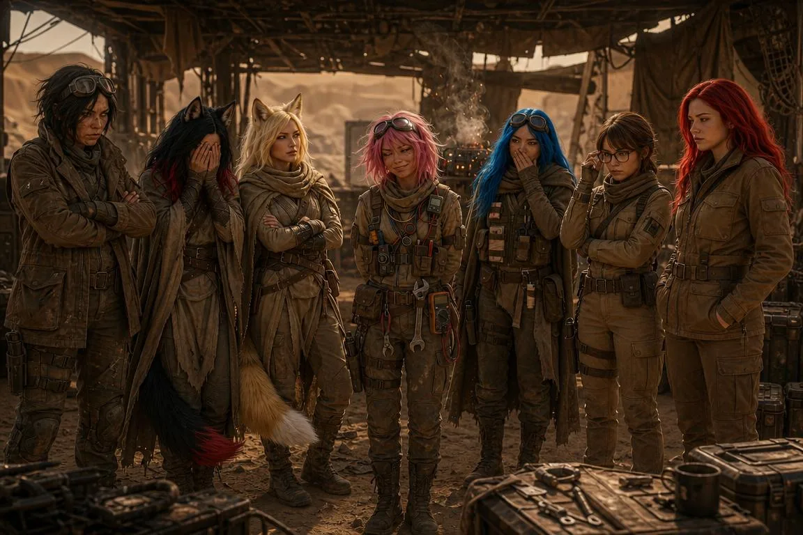 The crew gathers around a tactical question, their faces reflecting a mix of seriousness and concern. Rika's patrol in the dark has brought her back to the group, and Yui's apology tour has paused as they weigh their options. The air is thick with the smell of metal and the hum of the CORE7 broadcast rig, a constant reminder of their mission to find the Polyák family.