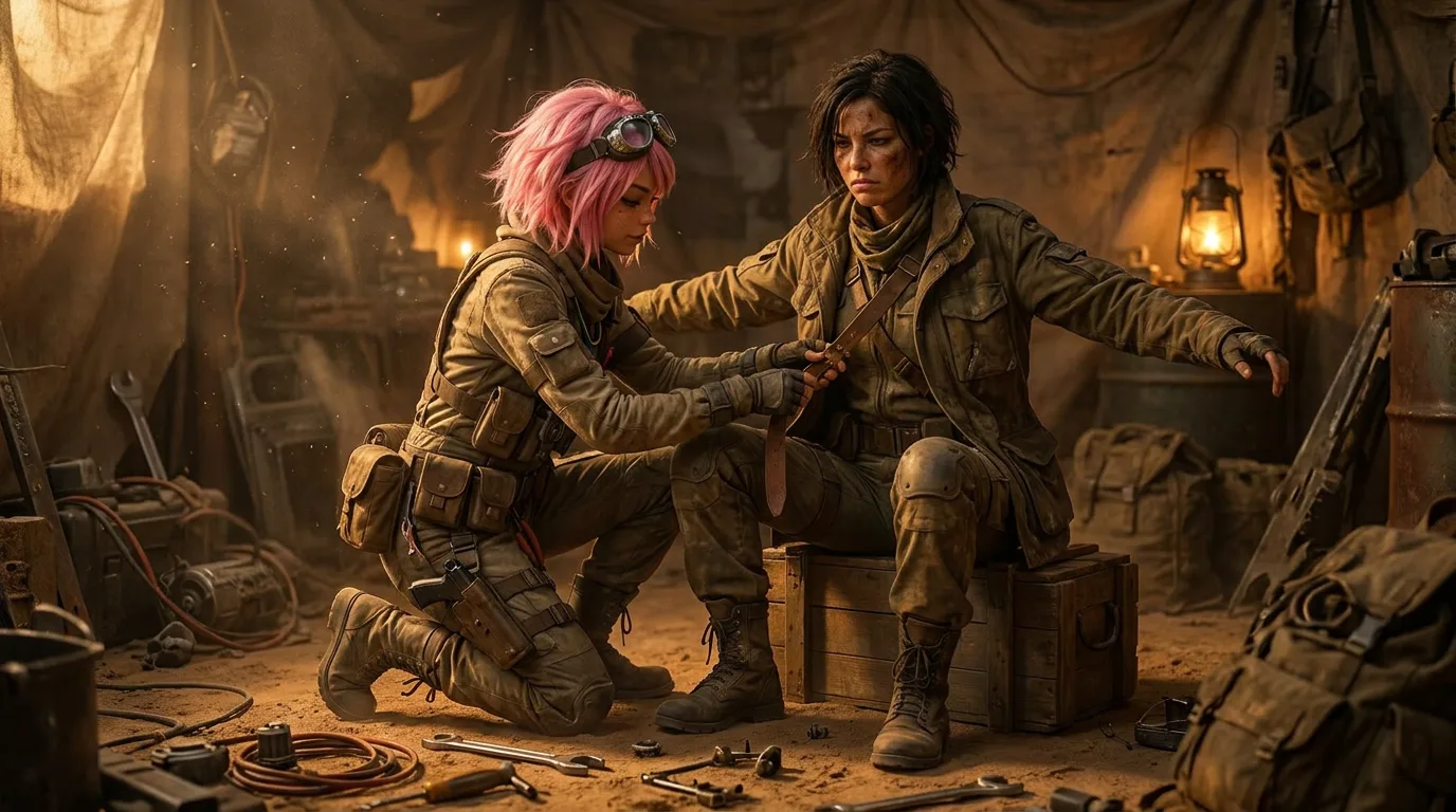Aika and Rika kneel in the dusty CORE7 workshop, their faces illuminated by the soft glow of lanterns. Aika's pink hair is a stark contrast to the desolate surroundings, as she works on a piece of equipment. Rika's dark hair is tied back, her eyes focused intently on the task at hand. The air is thick with the smell of metal and sand, a constant reminder of their mission.