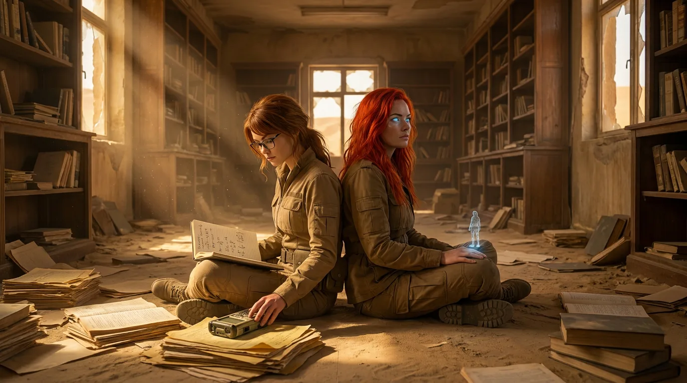 Akari and Hina sit in the dusty, abandoned room, surrounded by scattered books and papers. The air is heavy with the metallic scent of decay. They are dressed in rugged, khaki jumpsuits, their eyes scanning the debris-strewn floor. Hina's hand rests on a glowing, translucent object, while Akari holds a notebook and pen, their faces a testament to the weight of their mission.