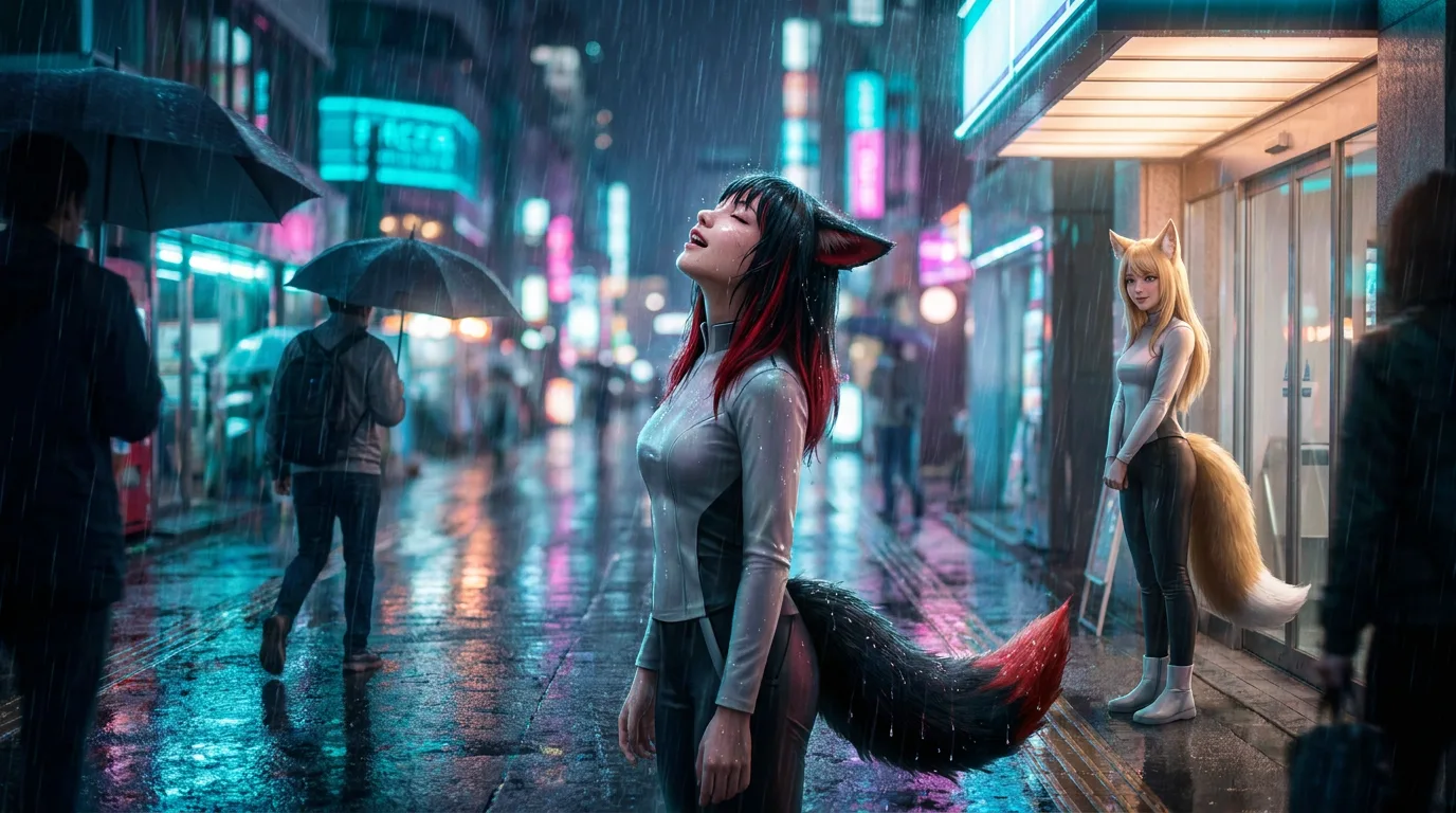 The rain-soaked street is a canvas of vibrant neon hues, reflecting off the wet pavement. Aika stands out, her fox-like ears and tail a striking contrast to the urban backdrop. Beside her, Rika's human features are a testament to the crew's diverse origins. The rain-soaked atmosphere is palpable, a melancholic reminder of their 300-year odyssey.