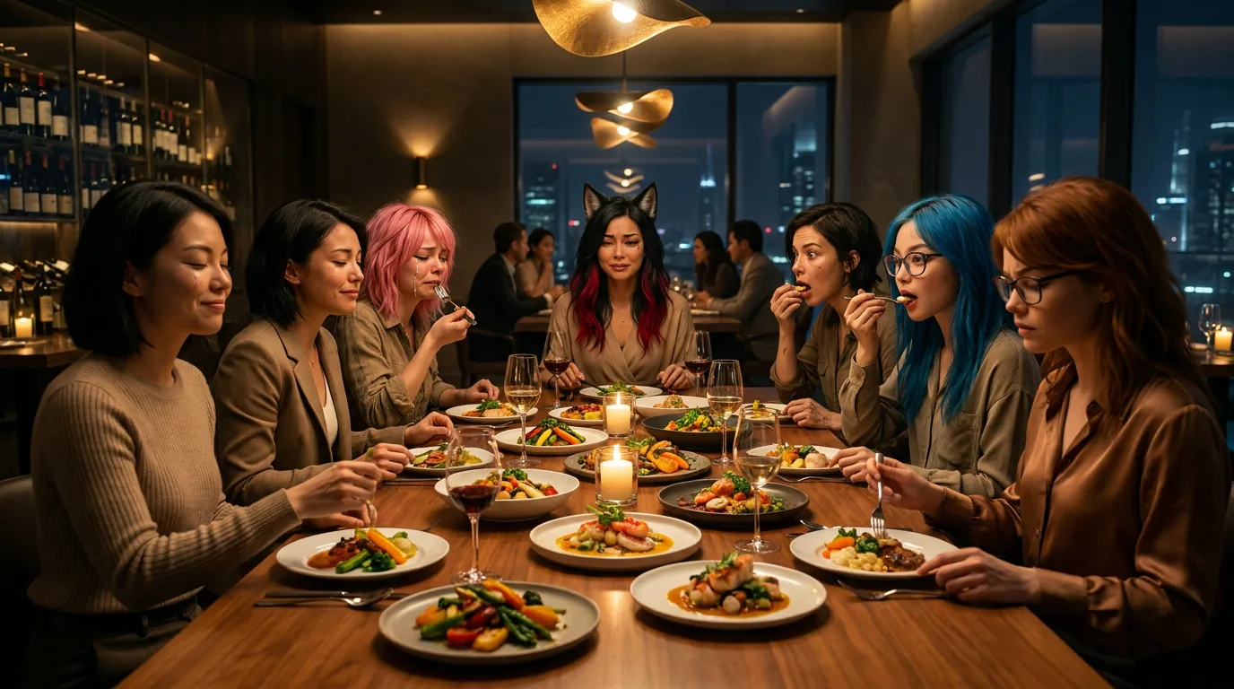 Aika, Rika, and Yui sit around a table in a dimly lit, modern restaurant, the warm glow of candles and the soft hum of the CORE7 rig creating a sense of intimacy. The air is thick with the smell of metal and the faint tang of radiation, a reminder of the world they've left behind. They share a meal, their eyes locked on the food, their faces a testament to the longing for a life they once knew.
