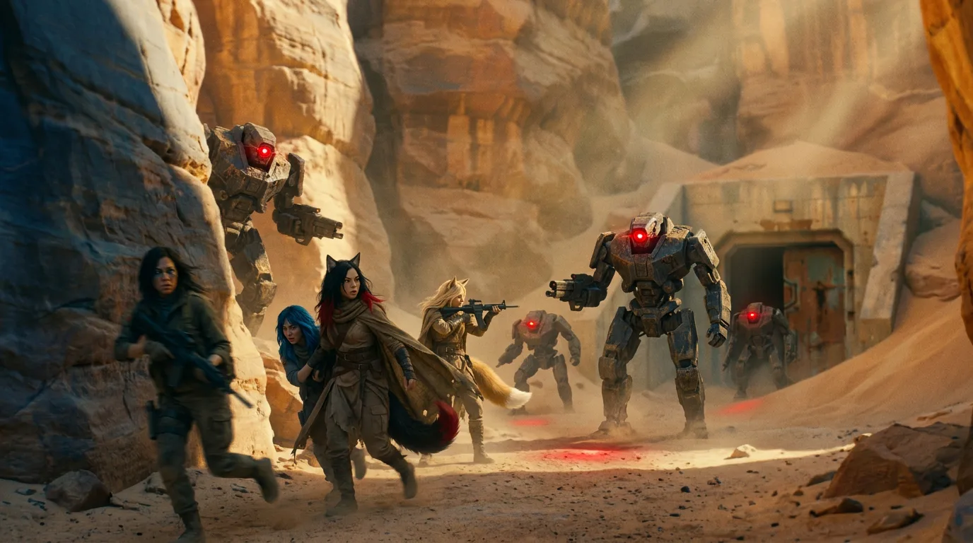 Arika strides through the dusty, post-apocalyptic wasteland, her breath visible in the chill air. The metal scent of the CORE7 broadcast rig and the dry, sandy atmosphere fill her senses as she navigates the rocky terrain alongside her crewmates, who fan out in a defensive formation. In the distance, a faint hum of machinery echoes through the desolate landscape.