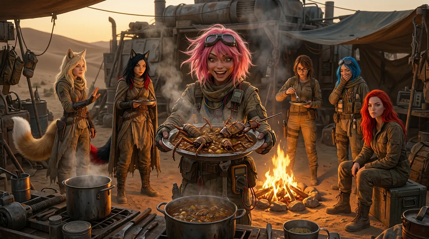 The desert sun dips below the horizon, casting a warm orange glow over the makeshift camp. Aika's broadcast rig hums softly in the background as Yui stirs a steaming pot of food, its aroma mingling with the metallic scent of the surrounding machinery. Komi carefully opens a 300-year-old can with sterile gloves, the label worn and illegible. Hina's discovery of a hidden oasis is a rare find, its water trickling softly into the dusty landscape.