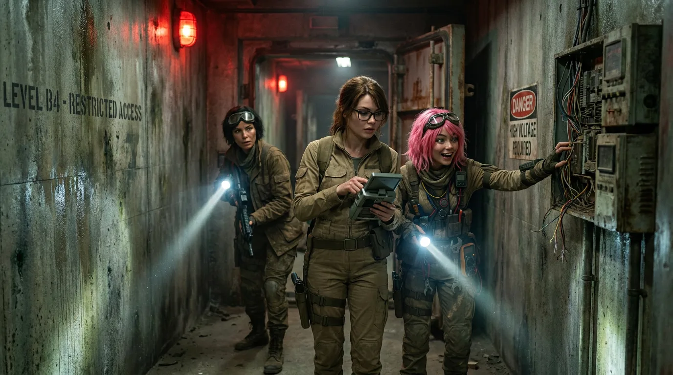 Aika's CORE7 hum vibrates against her back as she scans the dusty hallway. Rika's tactical gear blends with the bunker's walls. Hina's breath is a small cloud in the air. The trio moves cautiously, their footsteps echoing off the metal. Rika's gaze flicks between the walls, searching for signs of life or danger. The bunker's air is stale, heavy with the smell of metal and decay. Aika's eyes narrow, her focus fixed on the task ahead.