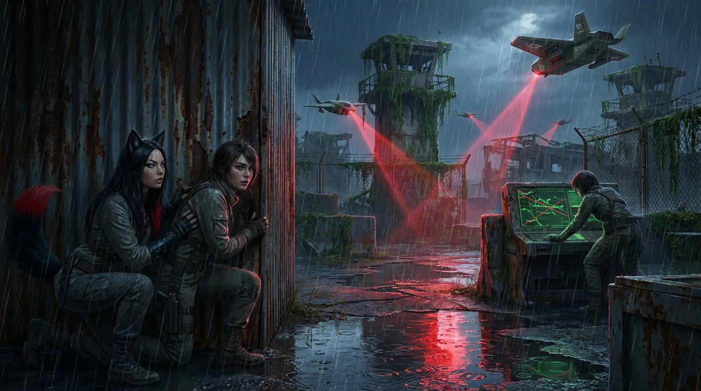 Aika's broadcast rig hums in the rain, while Akari and Rika huddle behind a rusted wall, their eyes fixed on the drone battle unfolding in the distance. The air is heavy with the smell of metal and ozone, and the ground beneath their feet is slick with water. The drones' red lights slice through the darkness, their laser beams crisscrossing the sky.