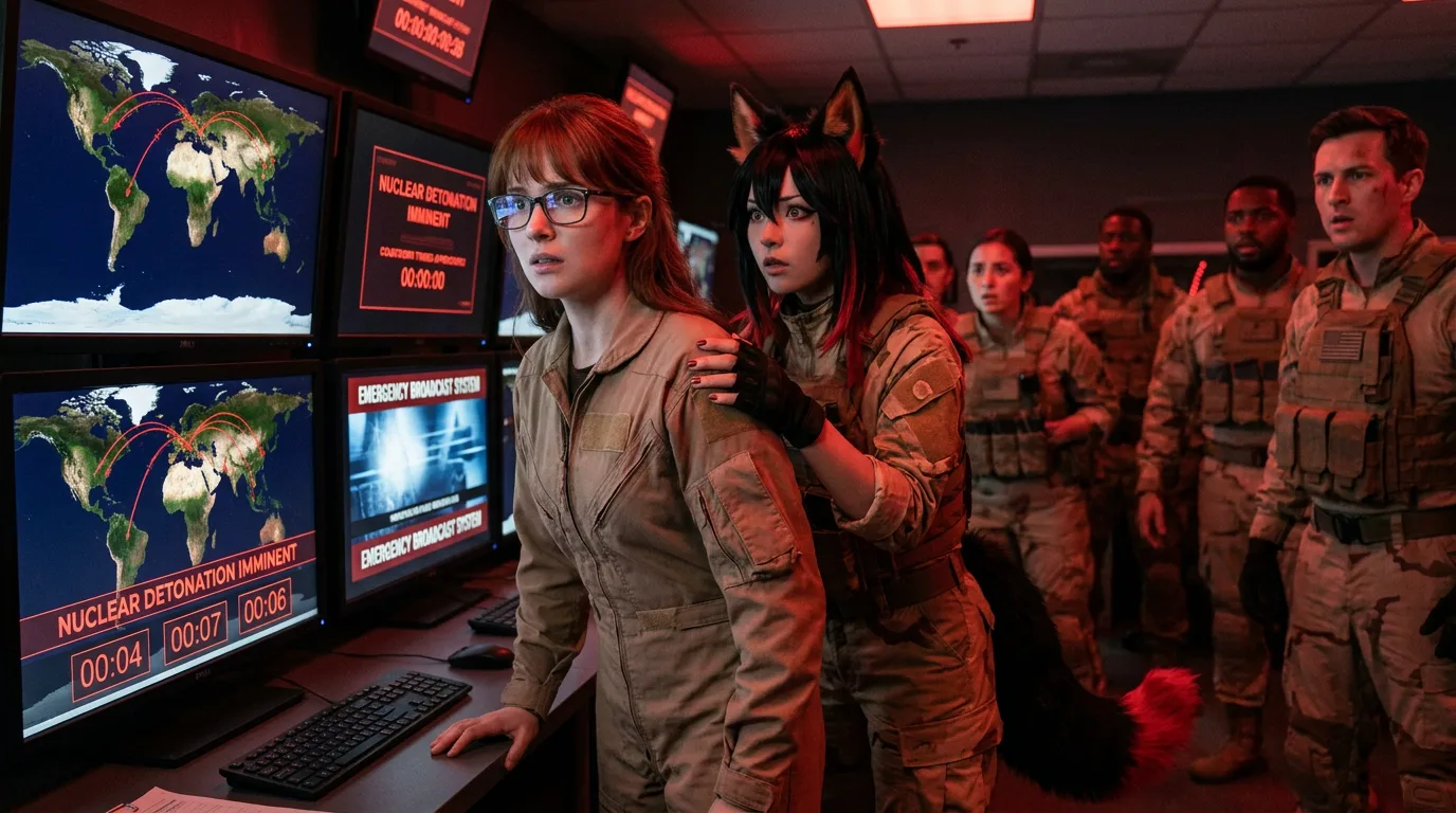 Aika and Komi huddle in the dimly lit command center, their eyes fixed on the screens displaying a complex network of red lines and coordinates. The air is thick with the metallic smell of machinery and the faint tang of radiation. Aika's fingers drum against the console, her gaze darting between the screens as she works to decode the data. Komi's hand rests on Aika's shoulder, a gesture of support in the face of uncertainty. The silence is palpable, broken only by the soft hum of the equipment and the distant thrum of the ship's engines.