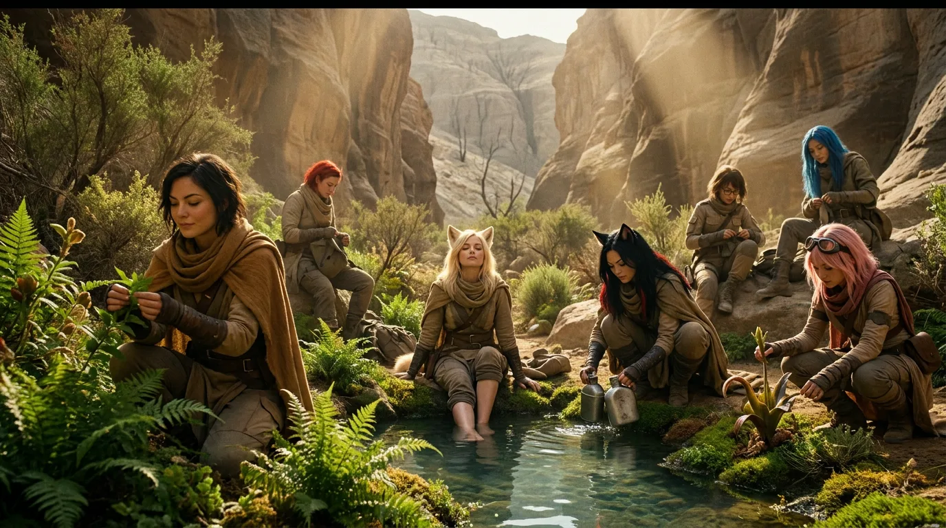 Aika kneels beside a tiny oasis, her CORE7 rig humming softly as she tends to the delicate ferns. Yui, nearby, laughs, her eyes crinkling at the corners. The others join in, their voices carrying on the wind as they share a joke. In this desolate world, the sound of laughter is a rare treasure, a reminder that even in the harshest of environments, humanity endures.