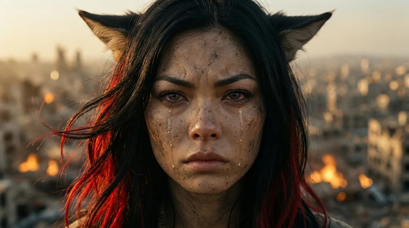 Aika's eyes, like two worn jewels, gaze out upon the desolate wasteland. The wind whispers through her hair, carrying the acrid scent of metal and radiation. Tears, not of sorrow but of hope, well up in her eyes as she breathes in the stale air. The hum of the CORE7 rig, her lifeline to the world, provides a steady heartbeat amidst the silence. She is a guardian of memories, a beacon in the darkness, and a reminder that even in the bleakest of times, there is always a glimmer of light.