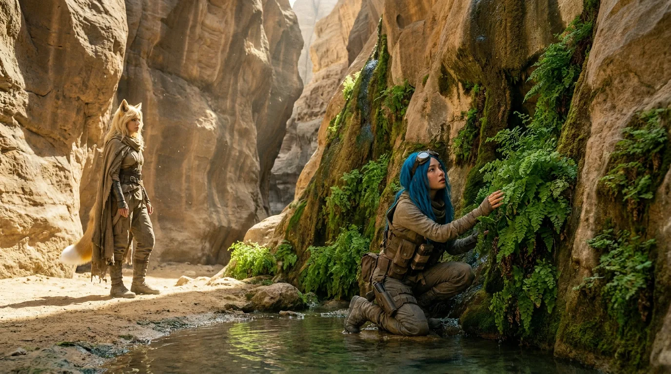 The canyon's walls loom, their weathered expanse a testament to the passage of time. Aika kneels, her hand pressed against the moss-covered rock, while Akari stands nearby, her gaze drifting across the canyon's vastness. The air is heavy with the scent of sand and metal, a reminder of the world they've left behind. In this desolate landscape, they search for a glimmer of hope.