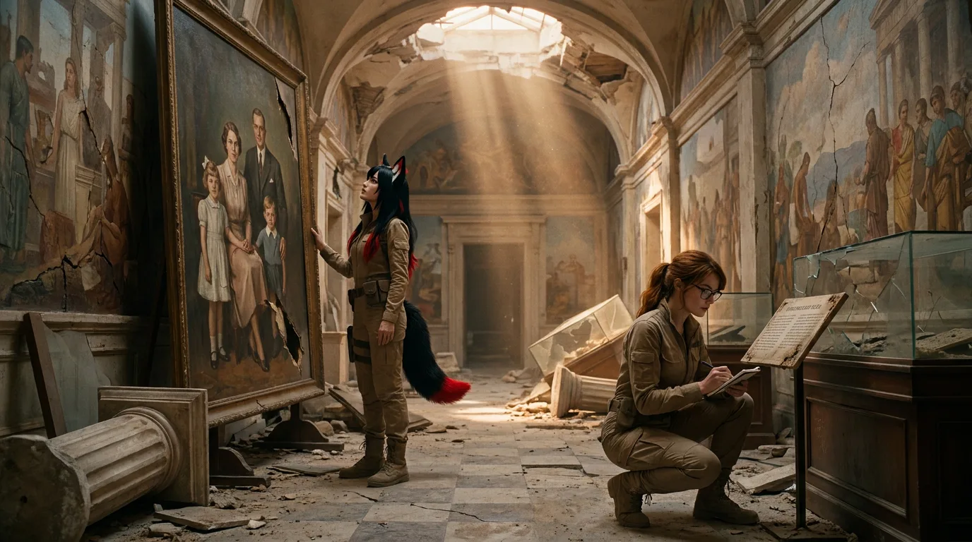 Aika's eyes, once bright with curiosity, now dimly reflected the dusty museum's flickering lights. She stood amidst the ruins of a bygone era, her gaze fixed on a portrait of the Polyák family. Akari knelt beside her, a small notebook clutched in her hand, as if capturing the moment for posterity. The air was heavy with the scent of decay and metal, a reminder of the desolate world they inhabited.