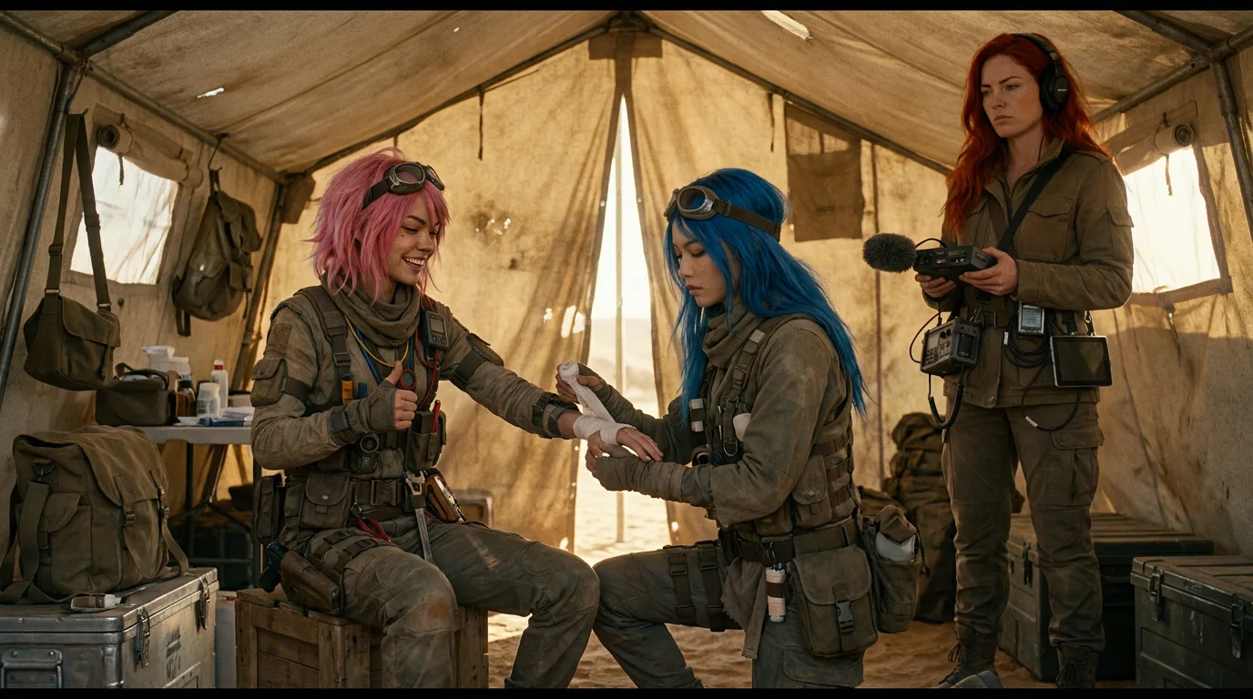 Aika and Akari are tending to each other's wounds in the CORE7 tent. Akari, with her pink hair, wraps Aika's arm in a bandage while Aika smiles reassuringly. The sand outside is a stark reminder of their journey, and the metal smell of the tent's equipment hangs in the air. Hina observes them, her eyes a mix of concern and understanding. The desert stretches out behind them, a harsh yet beautiful landscape.