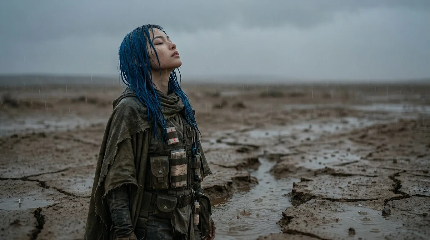 Aika stands in the desolate wasteland, her eyes closed as she breathes in the dry air. The rain-soaked tattered fabric of her cloak clings to her, and her long blue hair hangs heavy with moisture. The metal scent of her CORE7 rig and the hum of its power fill the air, a reminder of the world that once was. She is a ghost, a relic of a civilization lost to time and radiation.